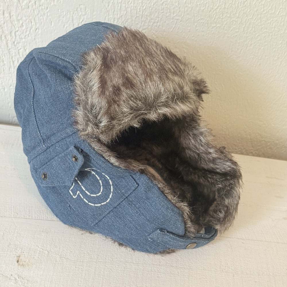 True Religion Winter Lined Faux Fur/Denim Trapper Hat